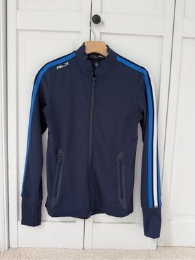 RLX Ralph Lauren Navy Blue Track Jacket with Light Blue & White Stripes - XS